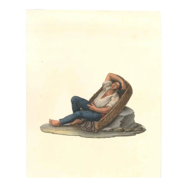 Man in a Basket - Watercolor by M. De Vito 1820 c.a. For Sale