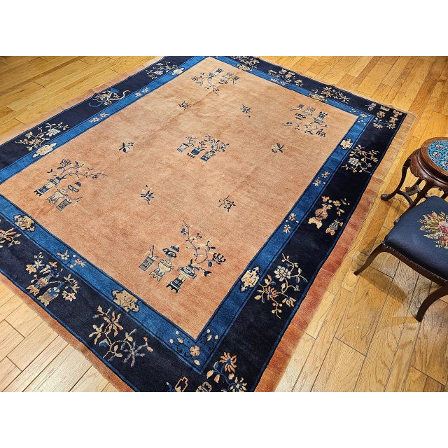 Textile Antique Chinese Peking Rug, Hand-Knotted Wool, Pale Peach, Navy, 9' x 12' For Sale - Image 7 of 18