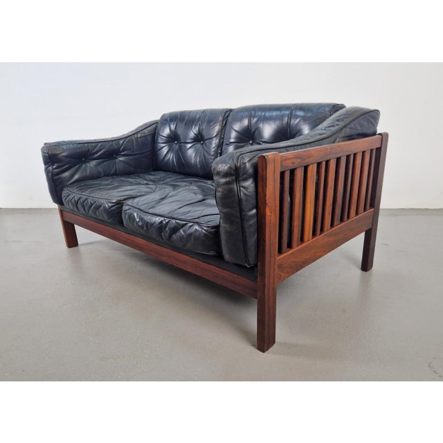 Mid-Century Modern Scandinavian Monte Carlo Sofa in Black Leather and Wood by Ingvar Stockum, 1965 For Sale - Image 6 of 18