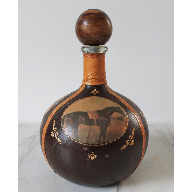 Vintage Italian Equestrian Leather Wrapped Liquor Decanter For Sale - Image 4 of 13