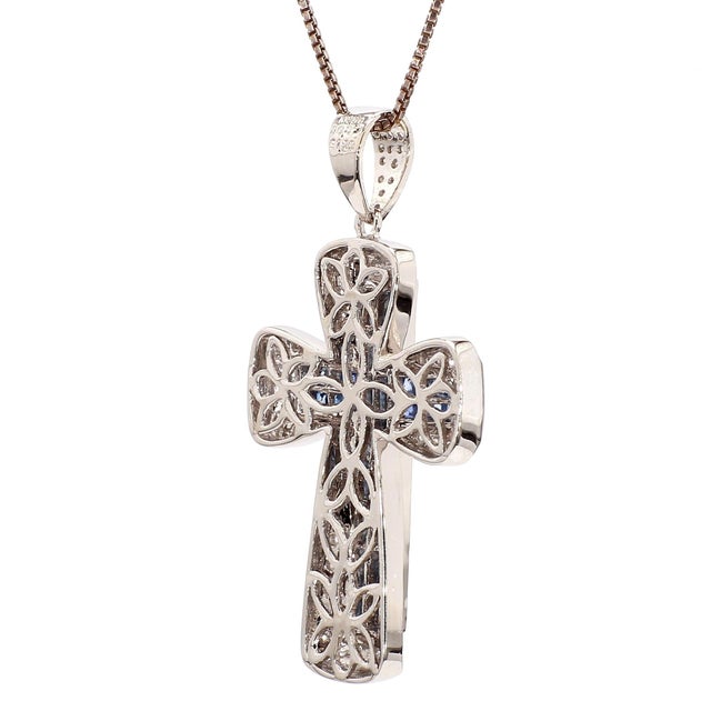 Metal 1.2 Carat Sapphire and Diamond Pave Cluster Cross Pendant White Gold Necklace For Sale - Image 7 of 7