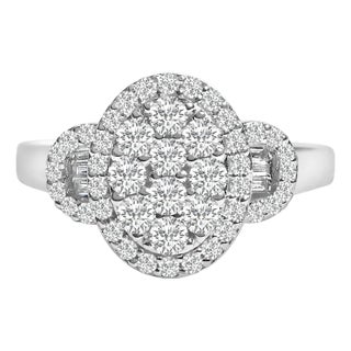 10K White Gold 1.0 Cttw Diamond Oval Cluster with Halo Vintage-Inspired Art Deco 3 Stone Style Statement Ring (G-H Color, SI1-SI2 Clarity) - Size 8 For Sale