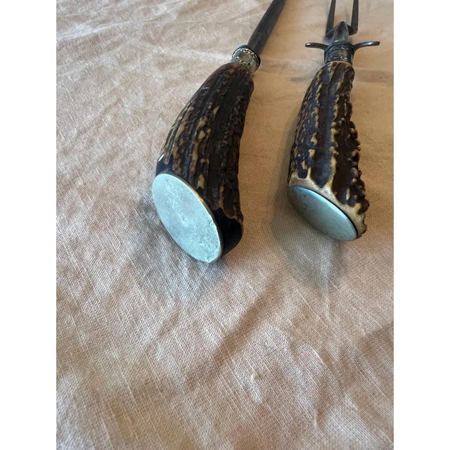 Antique Sterling Silver Mounted Stag Horn Carving Set, Meat Fork and Sharpening Steel For Sale - Image 11 of 15