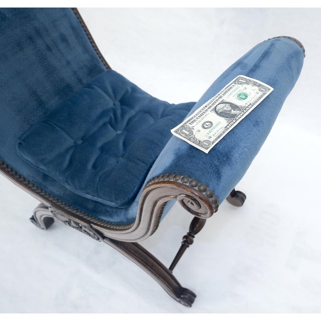 French Carved Wood Scissor Shape Blue Velvet Upholstery Bench For Sale - Image 10 of 13