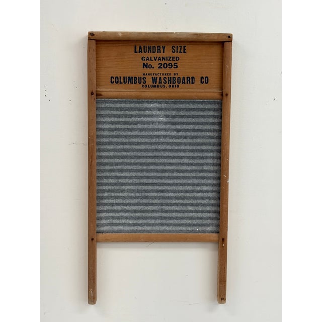 Red Vintage MorValu Columbus Washboard Co. Galvanized Metal & Wood Washboard For Sale - Image 8 of 18