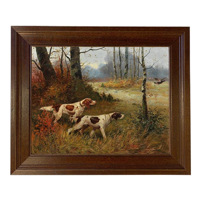 Two Pointing Dogs 11x14" Framed Reproduction Print on Canvas, Distressed Brown Wood Frame For Sale