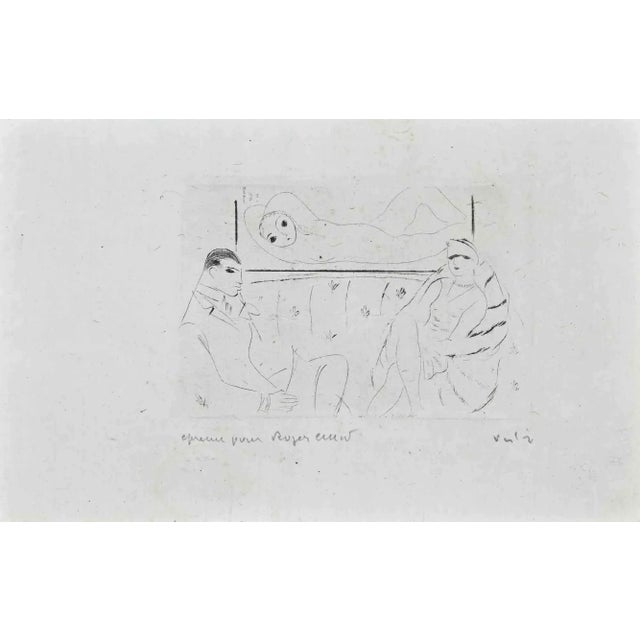 Waiting Room is an original etching and drypoint realized by Marcel Vertés. Good condition, signed by the artist. Glued on...