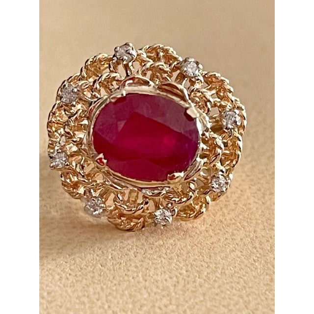 4 Carat Treated Ruby and Diamond 14 Karat Yellow Gold Cocktail Ring For Sale - Image 9 of 18