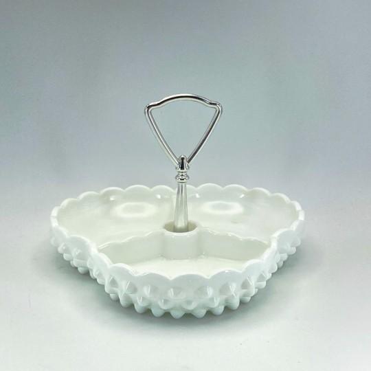 Mid 20th Century Vintage Fenton Milk Glass Hobnail Tricorn Divided Dish (3-Part) With Metal Handle 7-Inch For Sale - Image 5 of 13