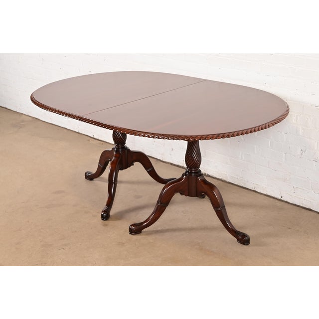 Brown Baker Furniture Style Georgian Carved Walnut Double Pedestal Extension Dining Table, Newly Refinished For Sale - Image 8 of 14