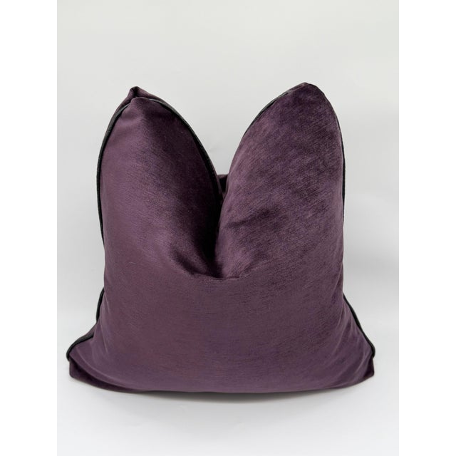 2020s Deep Plum Velvet Throw Pillow Cover With Black Leather Welt For Sale - Image 5 of 7