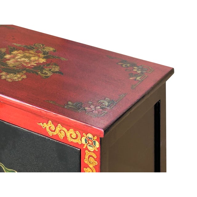 Tibetan Oriental Black Red Foo Dogs Lions End Table Nightstand For Sale - Image 9 of 10
