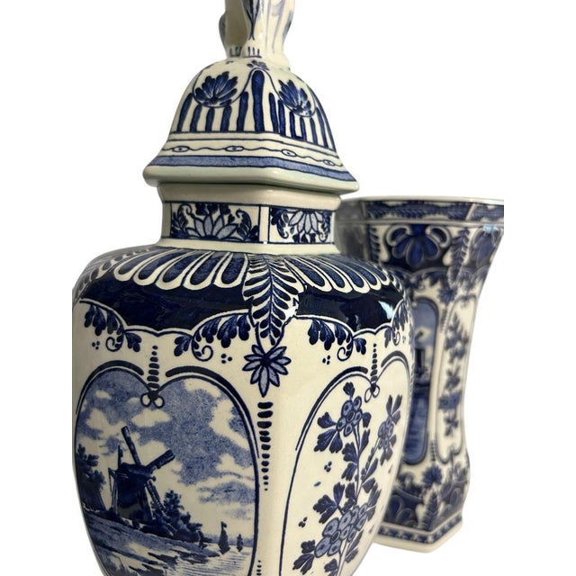 Mid-Century Modern Vintage Three-Piece Windmill Garniture Set in the style of Boch Delft, 20th Century, 1950s, Set of 3 For Sale - Image 3 of 8