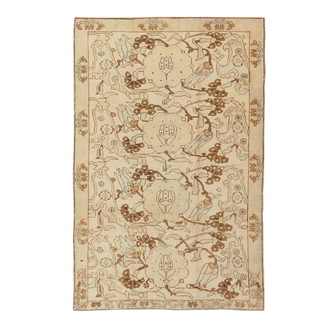 All-Over Entwined Blossoms Vintage Turkish Oushak Rug in Brown, Taupe, Cream For Sale