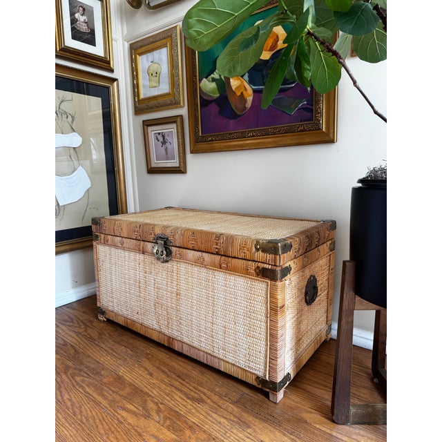 They don't make them like this anymore! Beautiful and functional. This 1950s-70s vintage Asian woven rattan blanket chest...
