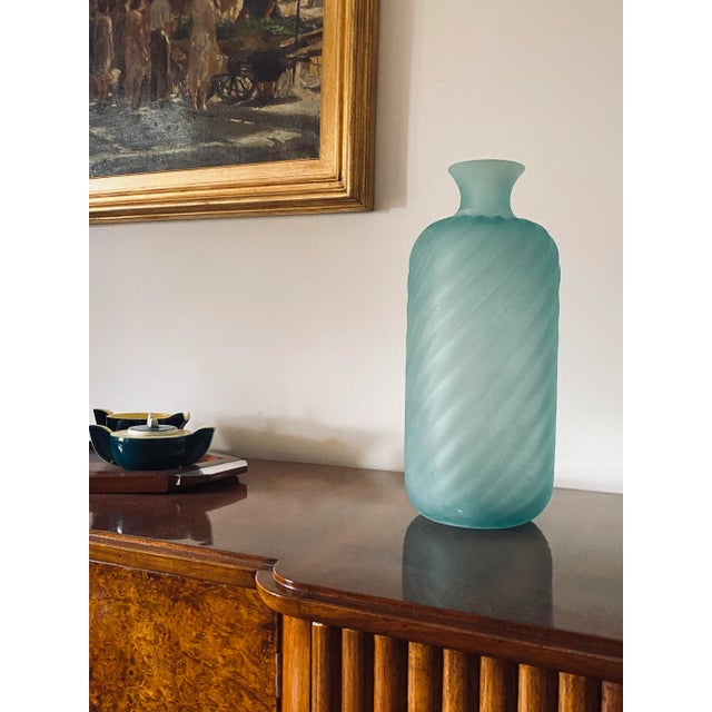 Bottle shaped Murano frosted glass aqua green vase designed by Gino Cenedese Cenedese, Murano Italy. 1970 circa Frosted...