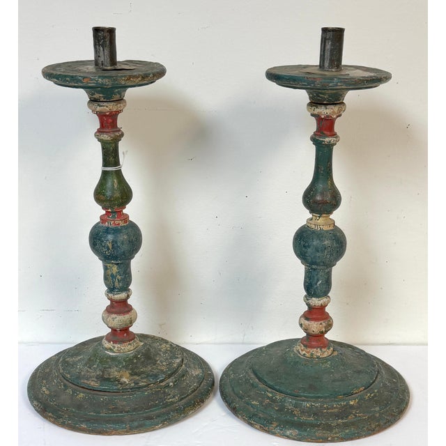Pair Tuscan Polychrome Wooden Altar Candlesticks, Worn Patina, 18th / 19th C. For Sale - Image 14 of 17