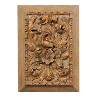 French Floral & Bird Carved Plaque, 19th Century For Sale