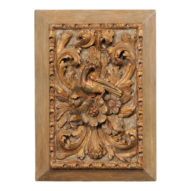French Floral & Bird Carved Plaque, 19th Century For Sale