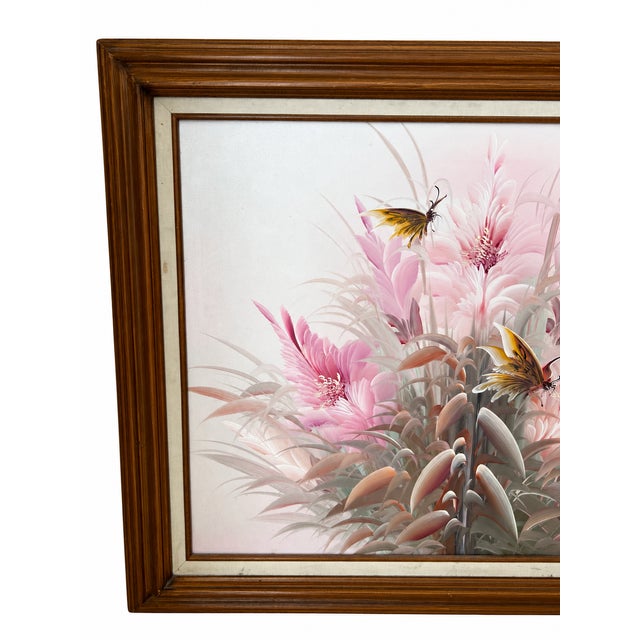 Vintage Signed Pastel Floral & Butterfly Oil Painting in Wood Frame For Sale In Las Vegas - Image 6 of 13