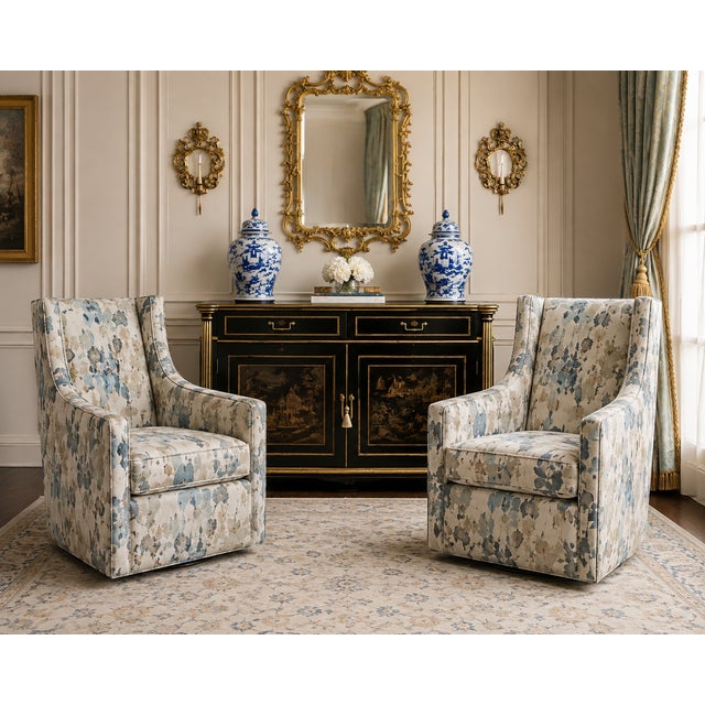 Ethan Allen Pair of Ethan Allen Custom Floral Swivel Rocker Lounge Chairs in Contemporary Watercolor Upholstery For Sale - Image 4 of 9