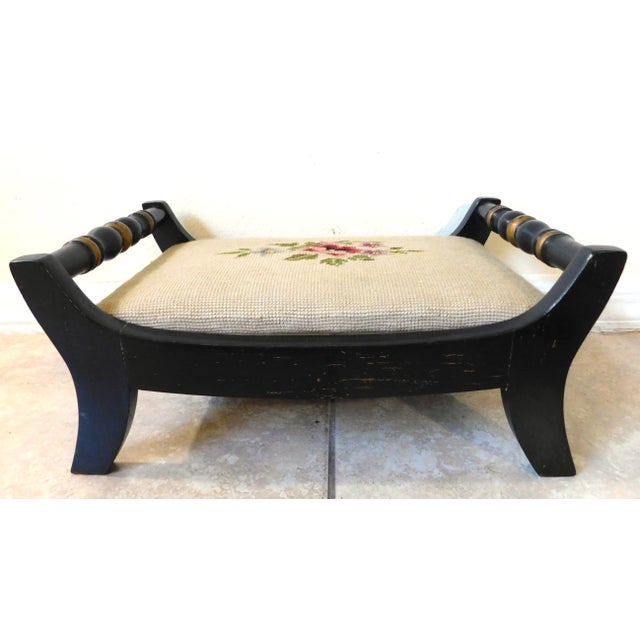 Farmhouse Vintage Mid-Century Hitchcock Black & Gold Floral Needlepoint Footstool For Sale - Image 3 of 14