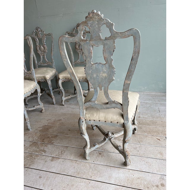 Late 19th Century Set of Eight Carved Italian Dining Chairs With Painted Wood Frames and Linen Upholstered Seats - Two Armchairs - Six Sidechairs For Sale - Image 5 of 12
