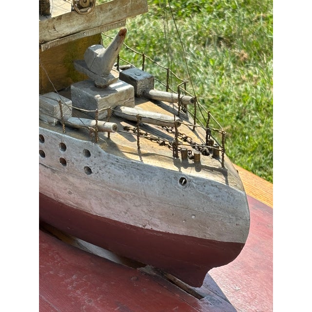Late 19th C. American Primitive Folk Hand-Crafted Battleship Model on Base For Sale - Image 14 of 17