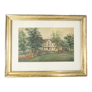 19th or 20th Century American Farmhouse Watercolor Rustic Folk Art Painting