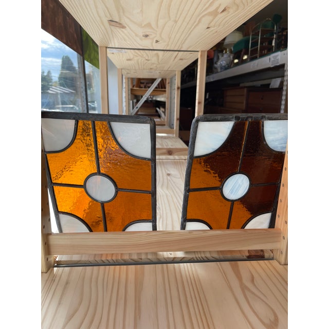 Pair of Vintage Amber and White Stained Glass Window Panels For Sale - Image 4 of 10
