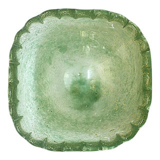 Green and Gold Italian Murano Art Glass Bowl With Scalloped Edge After Seguso For Sale