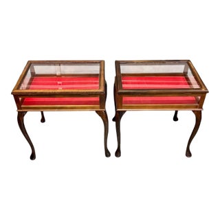 Vintage Glass Top Display Side Tables Pair-Queen Anne-Jewelry Vitrine-Case-Curio For Sale
