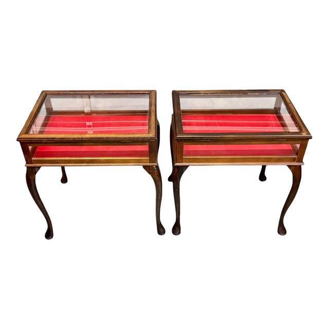 Vintage Glass Top Display Side Tables Pair-Queen Anne-Jewelry Vitrine-Case-Curio For Sale