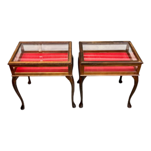 Vintage Glass Top Display Side Tables Pair-Queen Anne-Jewelry Vitrine-Case-Curio