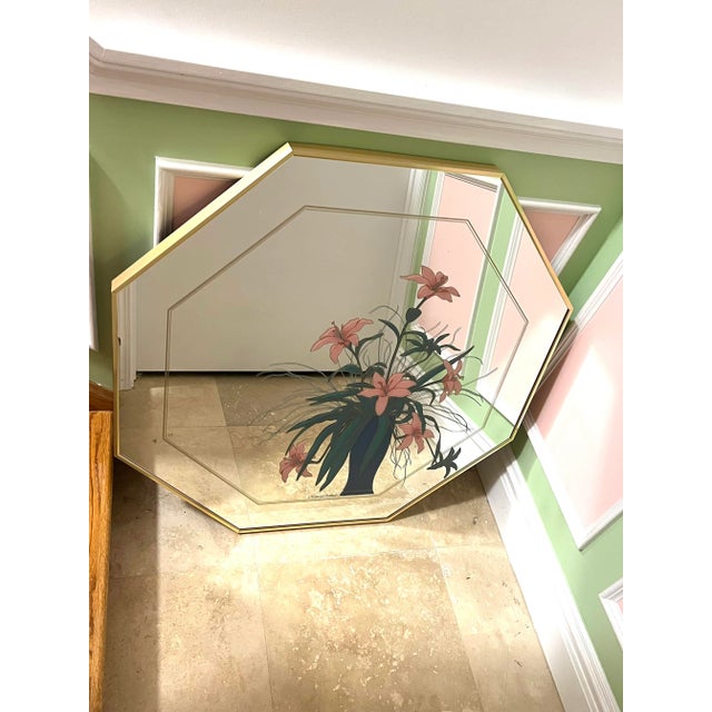 Brass Octagon Brass Etched Colored Floral Mirror, Circa 1970 For Sale - Image 8 of 8