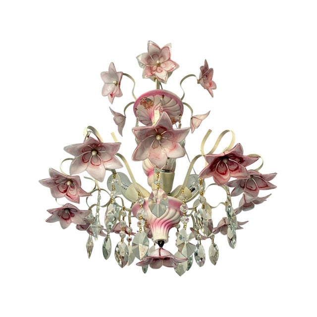 Glass 1980s Italian Murano Style Pink Floral Glass Chandelier With Crystals For Sale - Image 7 of 18