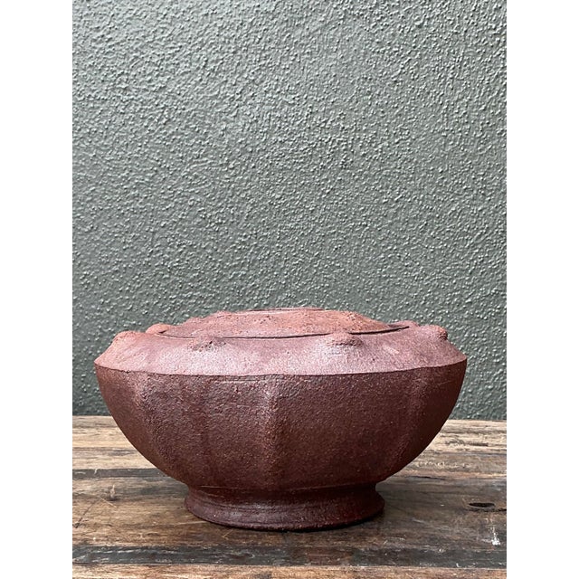 This compelling original studio pottery lidded bowl is a masterclass in Brutalist texture and organic form. Hand-thrown...