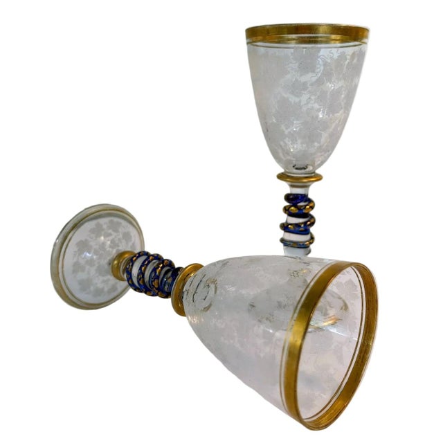 Glass Bohemian Art Glass Wine Glasses With Cobalt Serpent Attributed to Harrach Bohemian Glass For Sale - Image 7 of 9