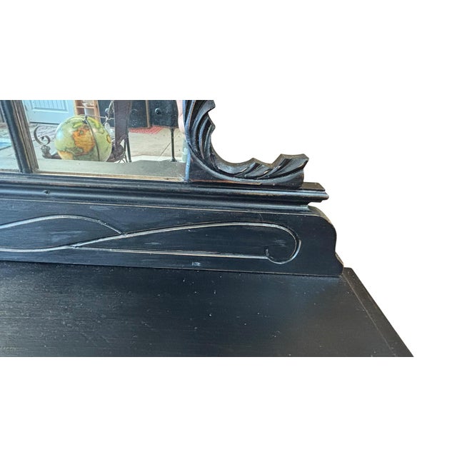 Vintage Black Art Deco Vanity With Three-Part Mirror, Carved Wood & Ring Pull Hardware For Sale In Greensboro - Image 6 of 10