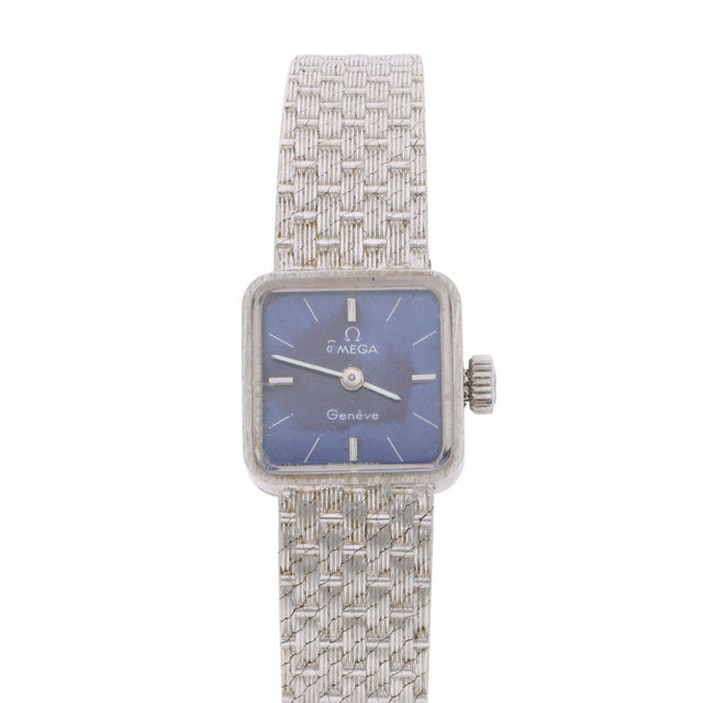 Vintage Omega Geneve Ladies 18k White Gold Blue Dial Square Mesh Bracelet Watch For Sale In Miami - Image 6 of 15