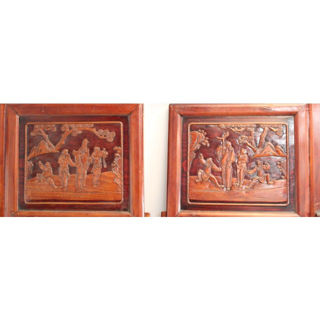 Vintage Mid Century Carved Wood Asian Theme Panel, Wisdom, Harmony, and Prosperity These wonderfully detailed panels...