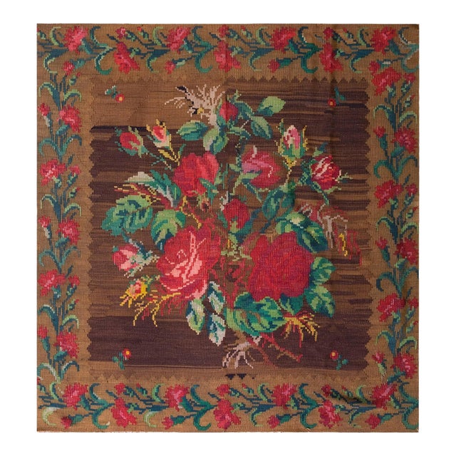 1900s Brown Floral Medallion Hand Knotted Antique Besserabian Moldova Rug 7'1" X 7'2" Wool Carpet For Sale