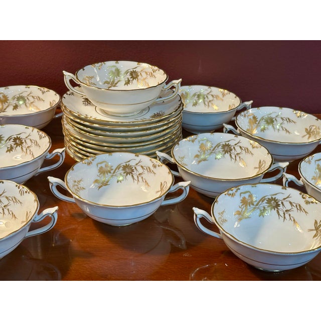 Cream 1960s Royal Crown Derby “Marquis” Pattern A1222 Bone China Cream Soup Bowls & Underplates, Set of 10 For Sale - Image 8 of 12