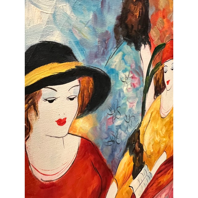 Vintage Postmodern Figurative Oil Painting of Two Women – Tarkay Style For Sale - Image 4 of 6