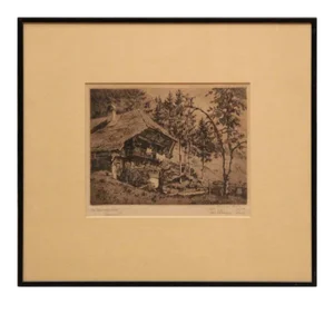 1930s Hut in Forest Landscape Etching by Paul Jollinaun, Framed