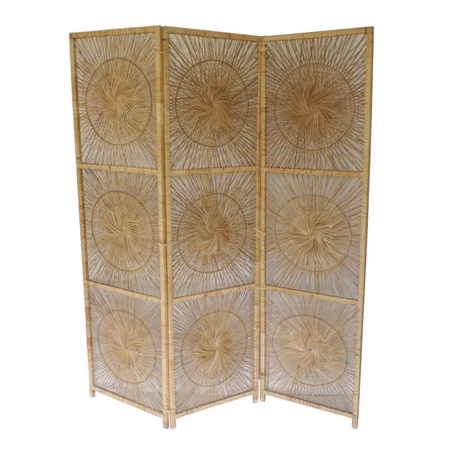 Vintage Bohemian Wicker Rattan Sunburst Folding Screen 3 Panel Room Divider Chairish