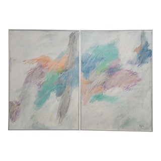 Vintage Marilyn Bergstrom Signed Pastel Abstract Diptych – Set of 2 For Sale