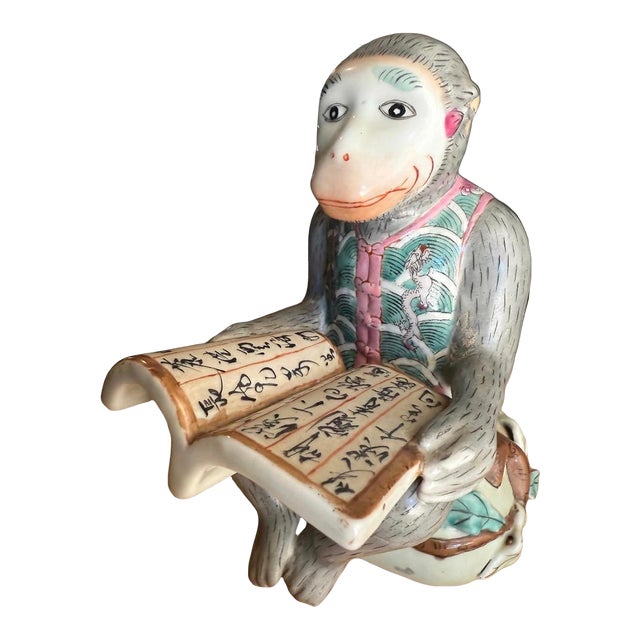 Vintage Chinese Porcelain Famille Rose Seated Reading Monkey 7” For Sale