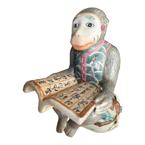 Vintage Chinese Porcelain Famille Rose Seated Reading Monkey 7”