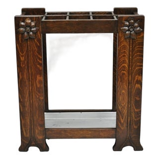 Antique Arts & Crafts Oak Wood Relief Carved Flower Umbrella Stand by MI Chair For Sale